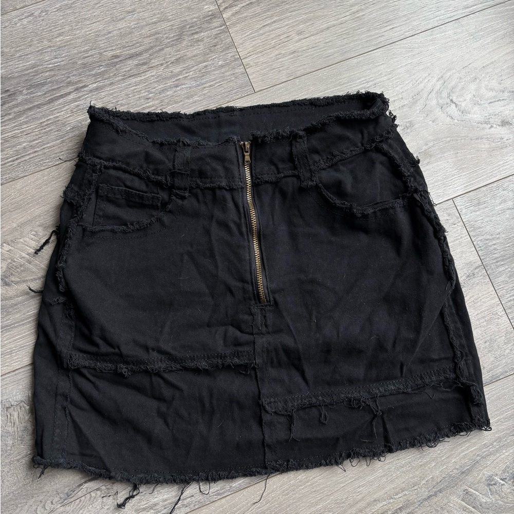 Black Distressed Mini Skirt with Front Zip
